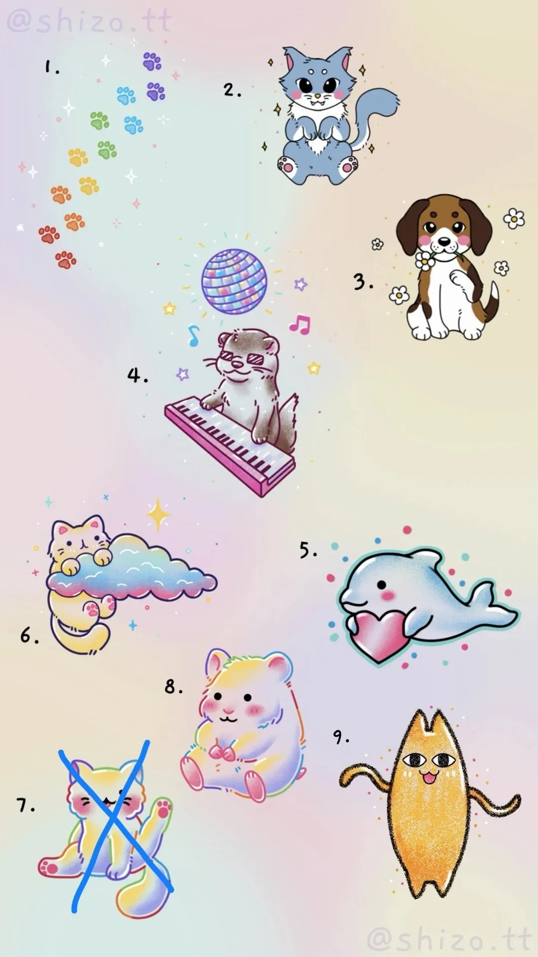 Colorful illustrated chart with cartoon animals numbered 1 to 9, including a blue kitten, a brown and white dog, a gray otter with a heart, a white cat, a rainbow bear, a cream-colored dog, a rainbow-colored cat, a yellow cat, and an orange cat, surrounded by various decorative elements such as paw prints and stars.