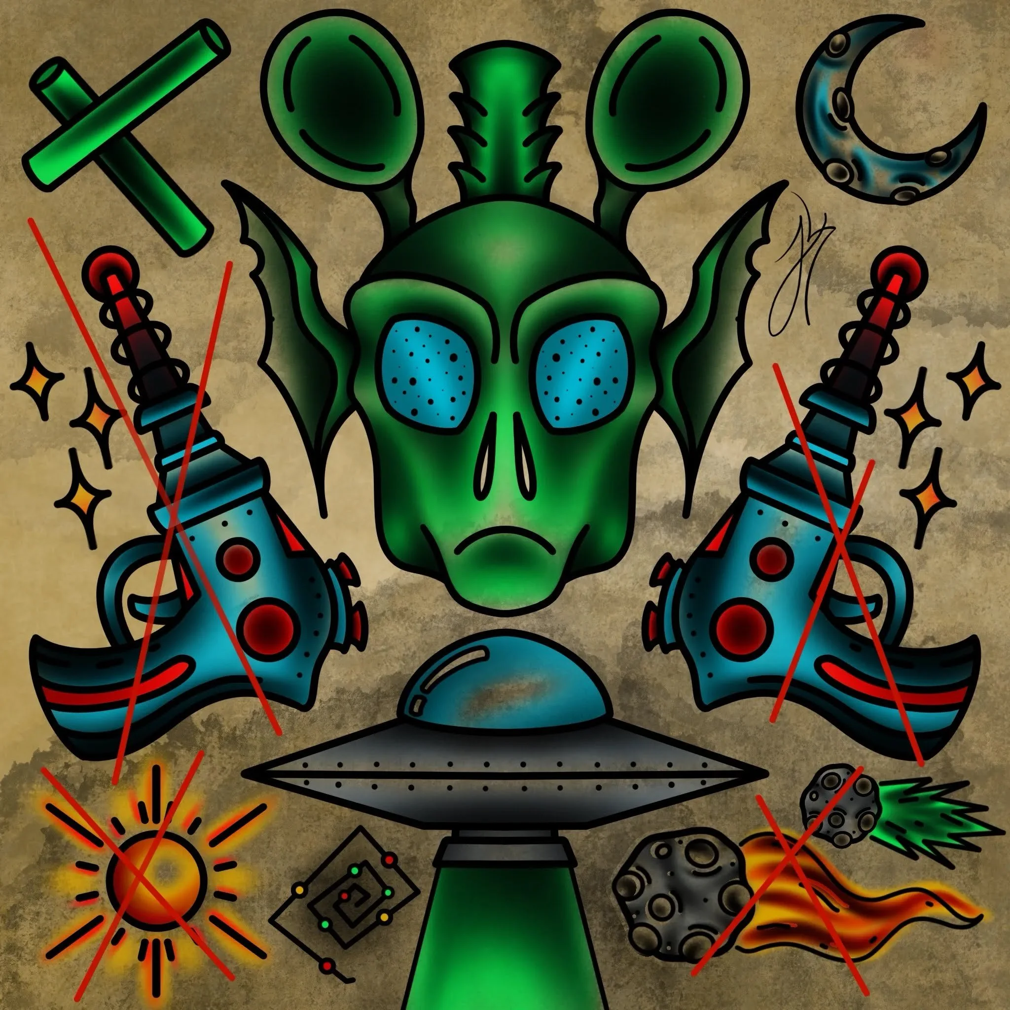A digital illustration featuring a large green insect with big eyes and horns, surrounded by symbols of fireworks, game controllers, crosses, a crescent moon, and various abstract shapes against a textured background.