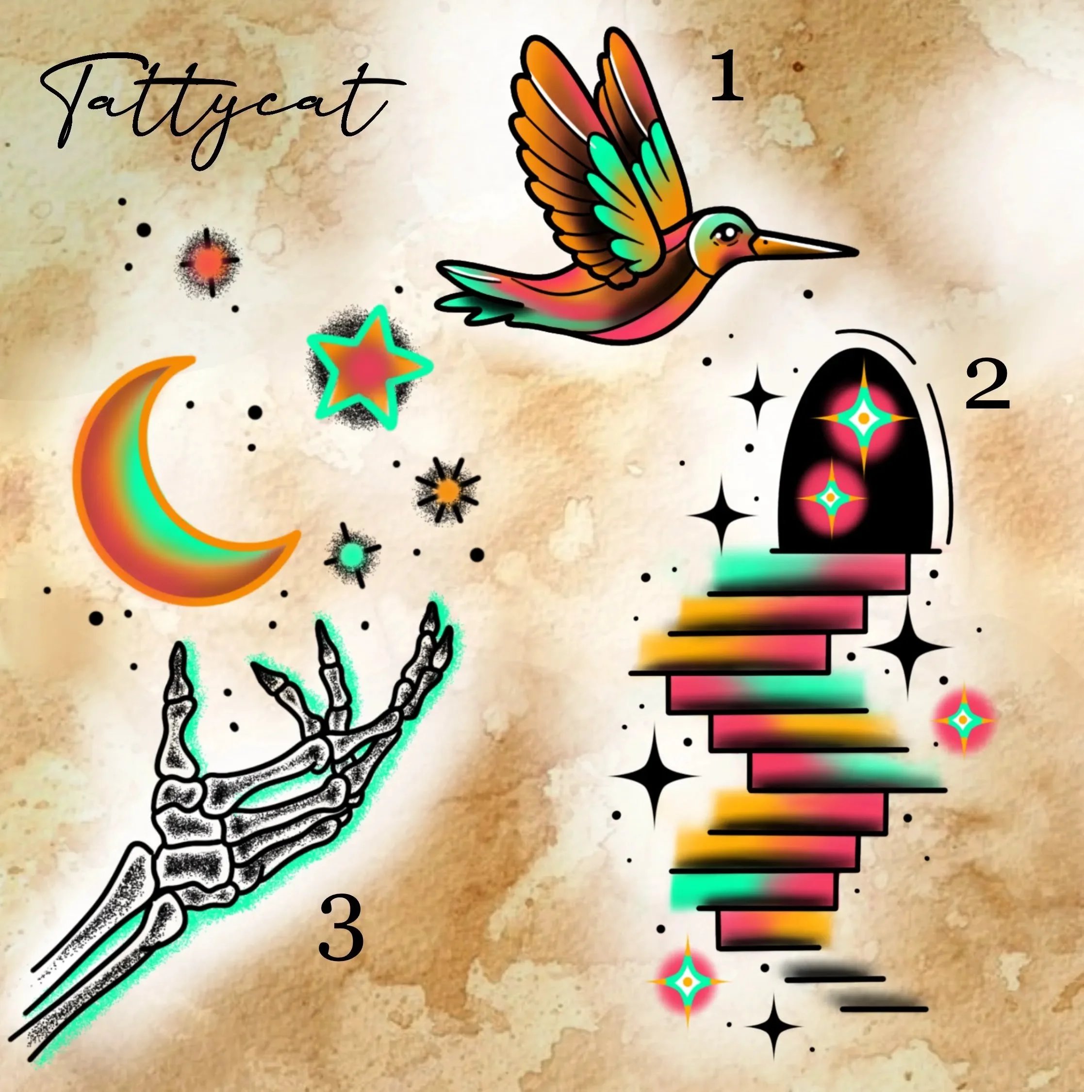 Colorful tattoo design featuring a hummingbird, clouds, celestial elements such as stars, a crescent moon, and abstract patterns with vibrant gradient colors on a textured background.