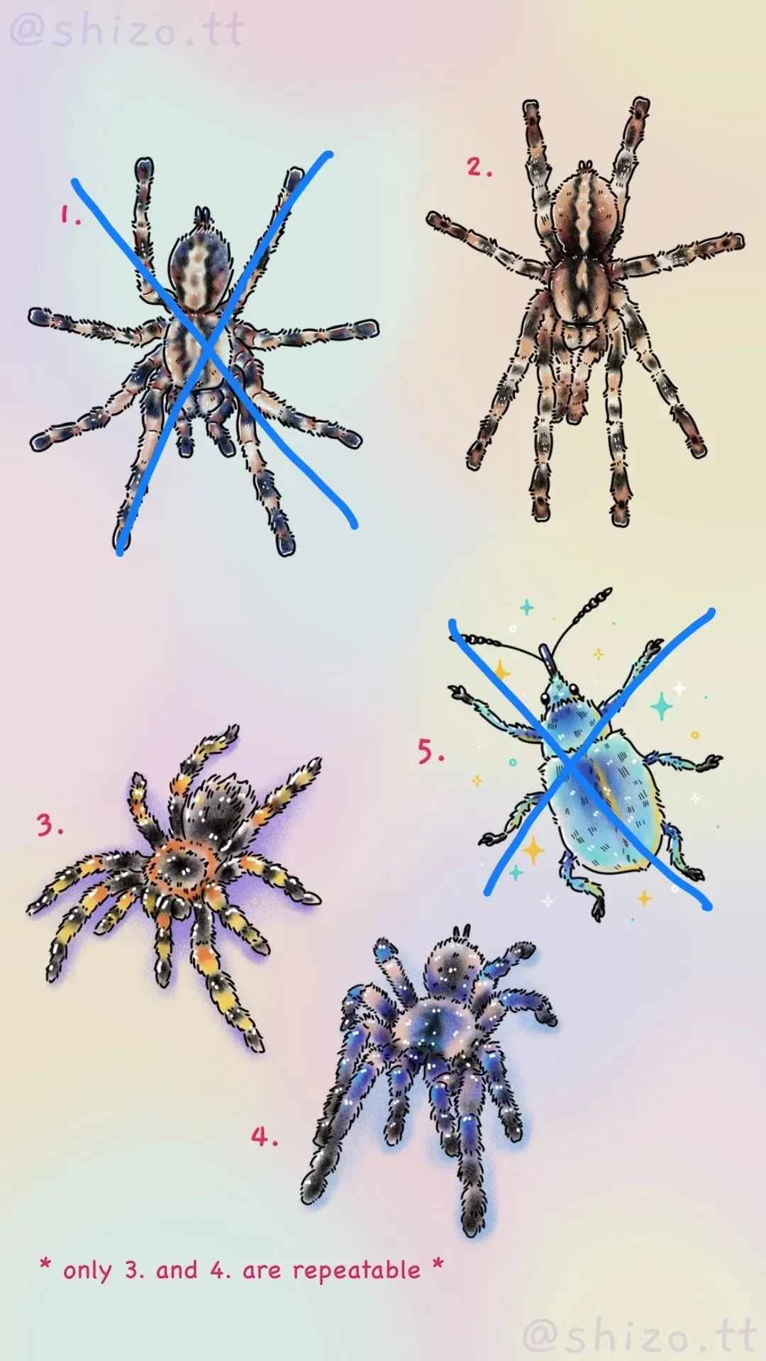 Illustration of five different types of arachnids and insects with numbered labels. Types 3 and 4 are marked as repeatable. The background is a gradient with faint text at the top and bottom.