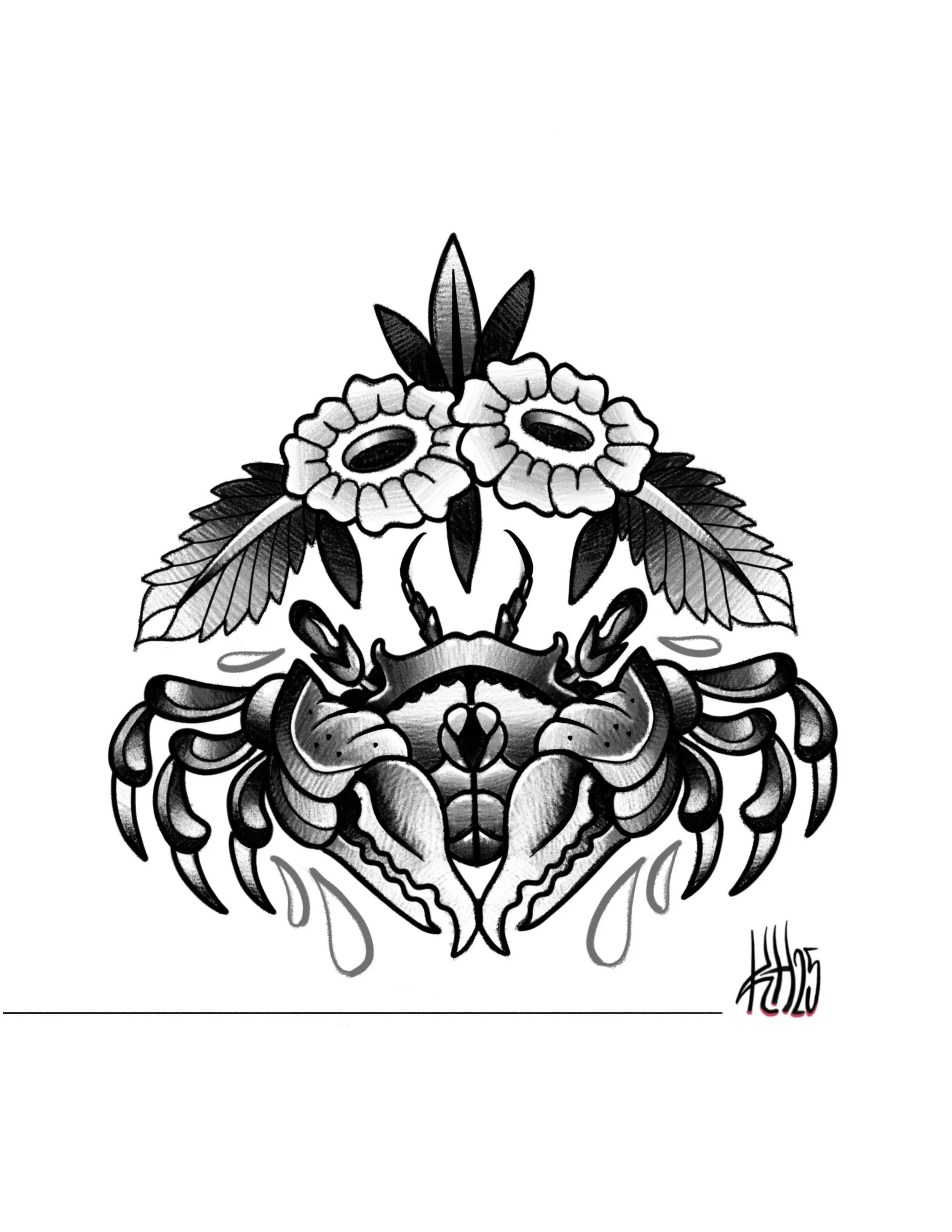 Black and white tattoo-style illustration of a bear's face with floral and leaf motifs, signed with 'H. Lee 2020' in the bottom right corner.