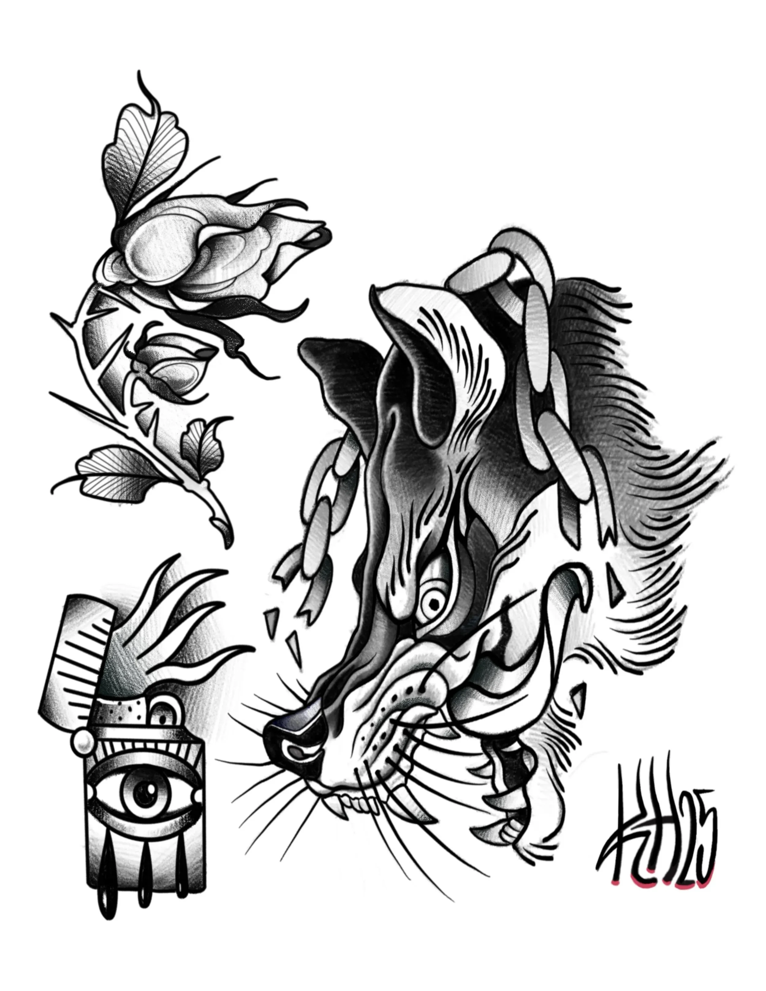 Black and white tattoo-style illustration featuring a wolf's face with intricate fur detailing, a rose with detailed petals to the left, and a small stylized eye with teardrop shape below the rose.