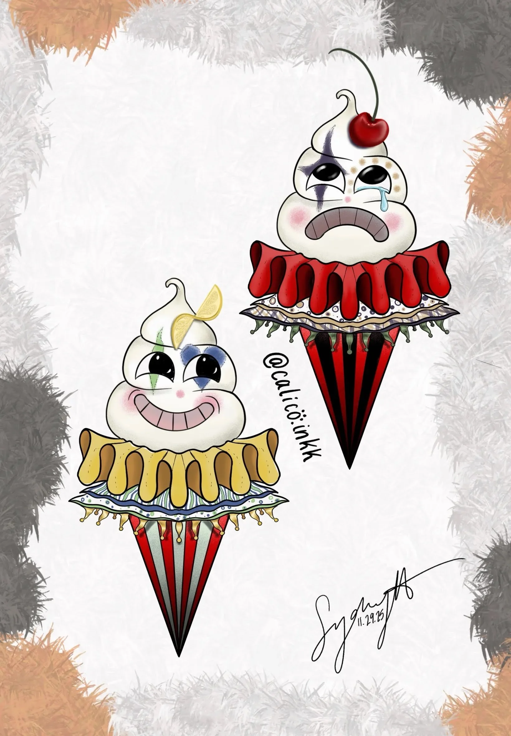 Two animated ice cream cone characters with faces, eyes, and mouths. The taller one is decorated with a cherry on top, a red ruffle collar, and a detailed cone. The smaller one has blueberries and a lemon slice on its head and a yellow ruffle collar. Both have smiles and are framed by a colorful skirt or wrapper. Handwritten signature, date, and the word 'culicóink' are visible.