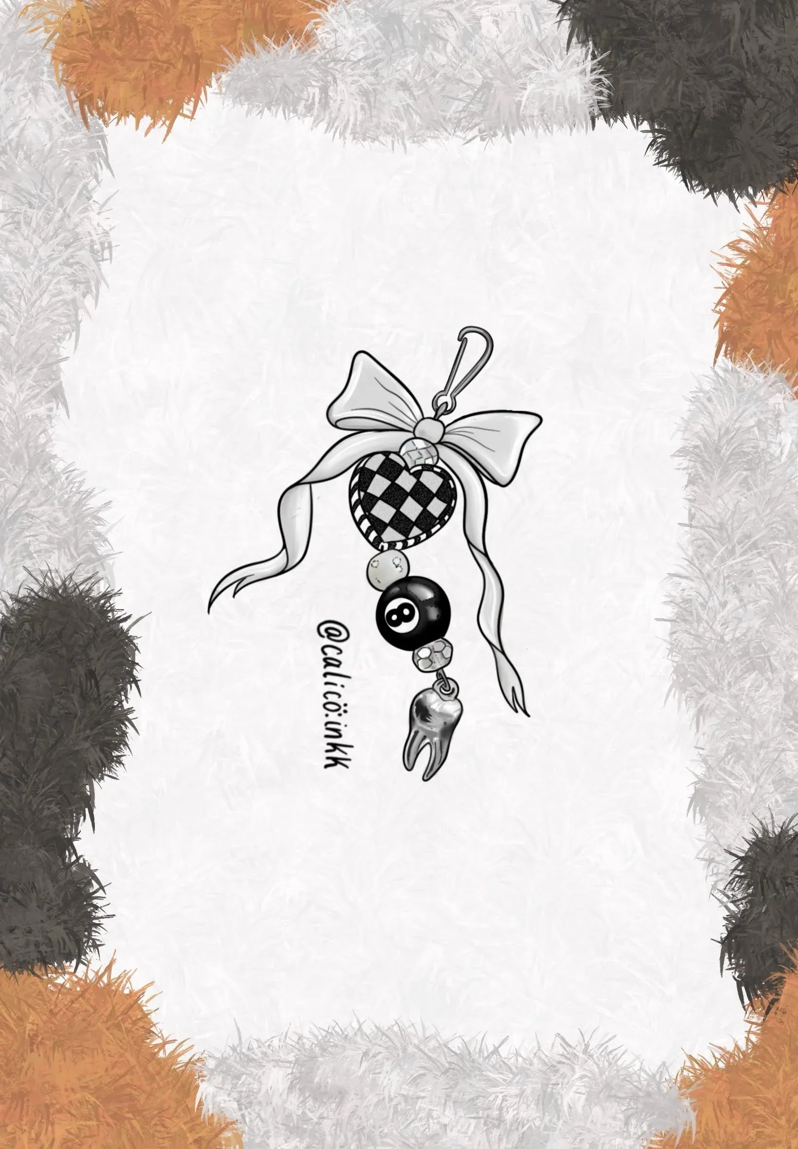 A decorative hanging ornament shaped like a tooth with a bow, beads including a black 8-ball, and a tag. The background is a textured border with dark and orange feather-like patterns.