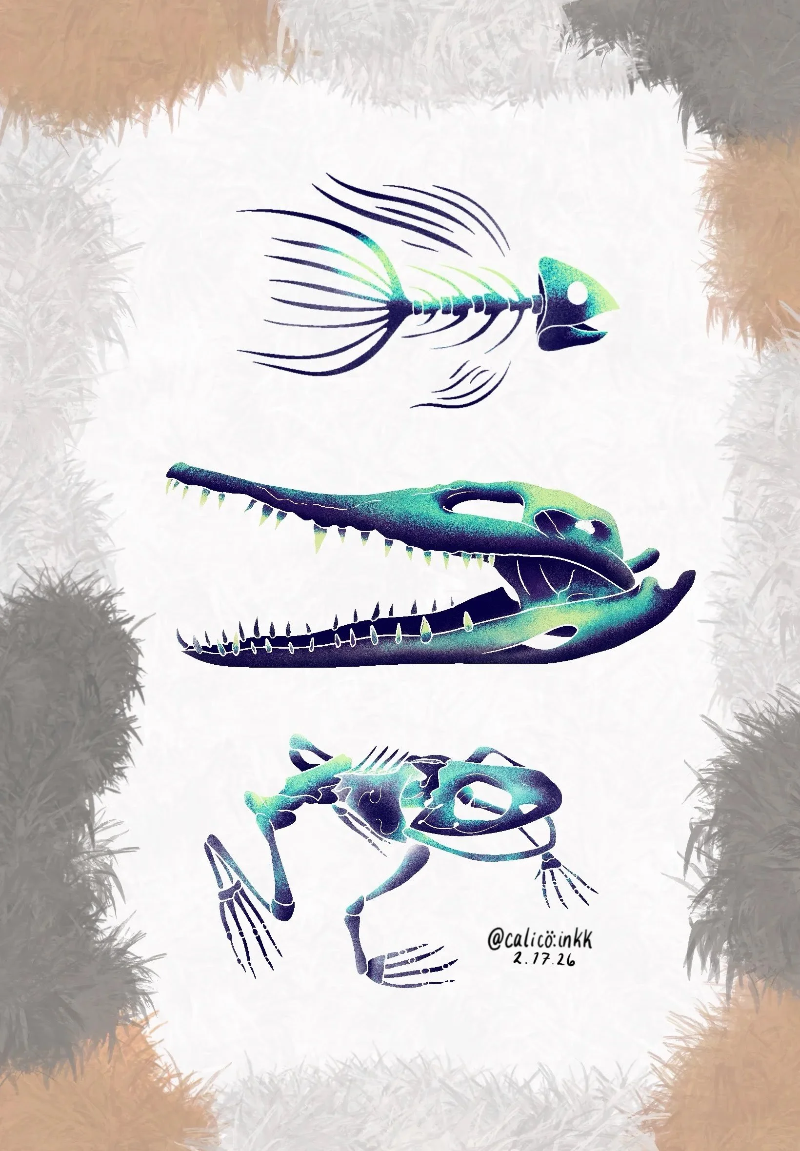 A digital illustration featuring a fish skeleton and a dinosaur skull skeleton, with the artist's signature and date at the bottom.