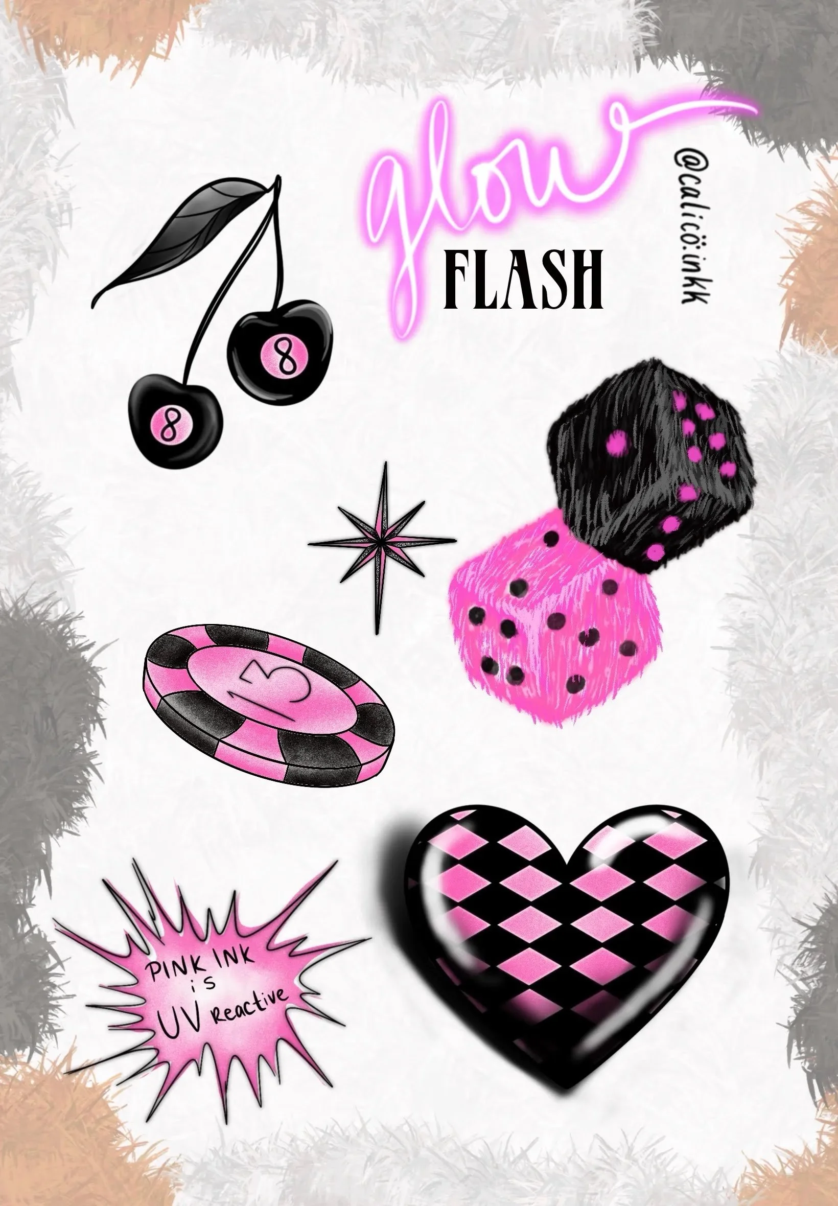 Collage of stickers and illustrations promoting jewelry, colors, and UV reactivity, featuring cherries, a star, a heart, a poker chip, and speech bubbles in pink and black.
