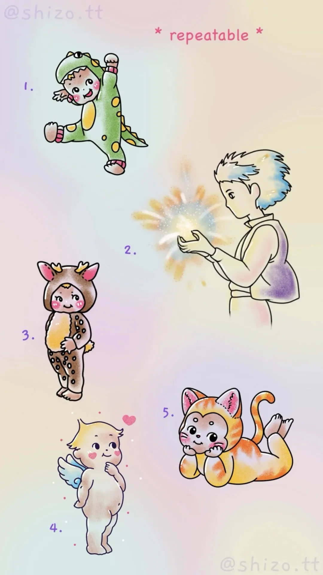 Colorful cartoon illustrations of five children dressed in animal costumes, numbered 1 to 5, with a person holding a sparkler or firework, on a light pastel background.