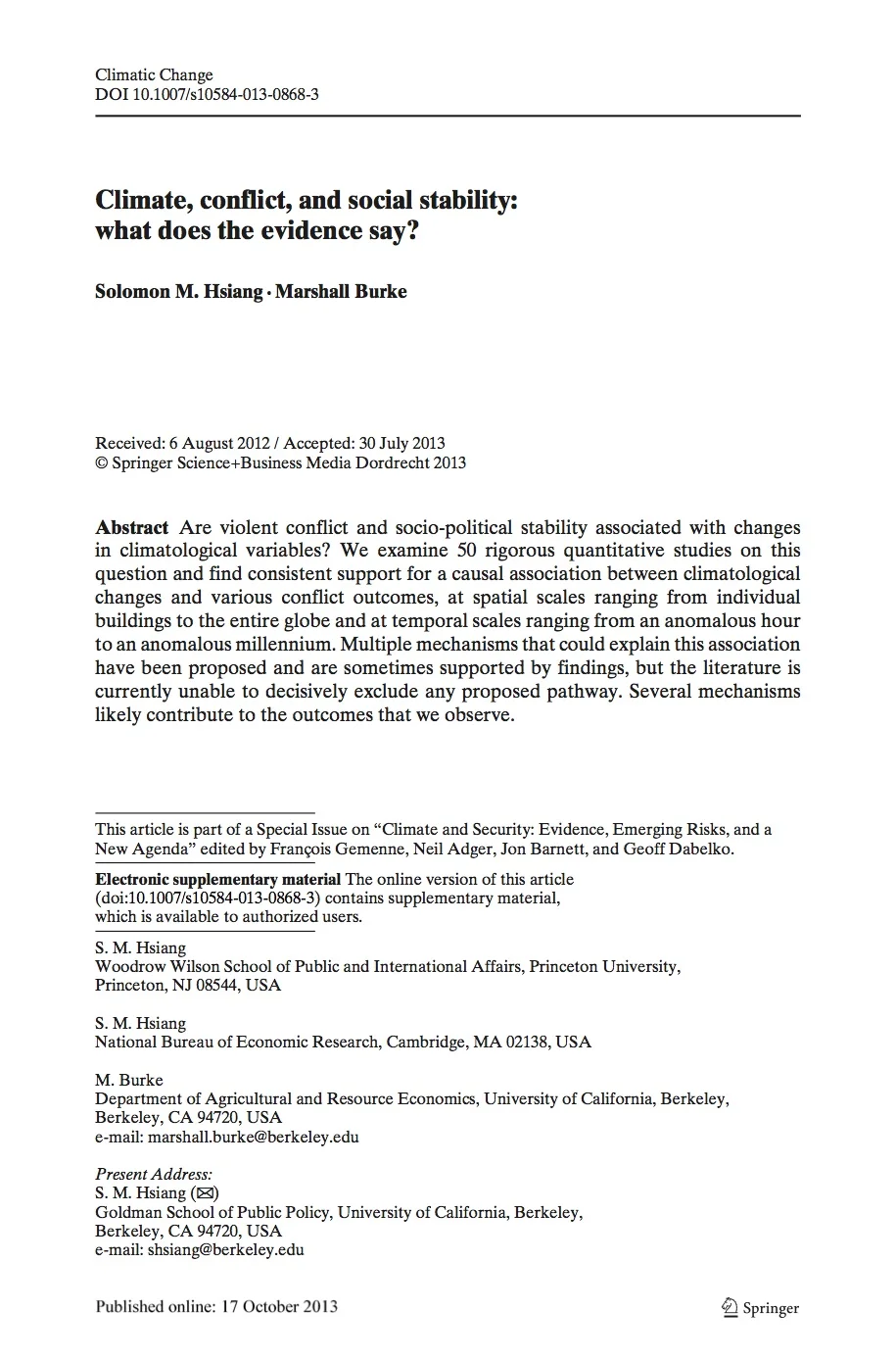 Climate, Conflict and Social Stability: What does the evidence say?
