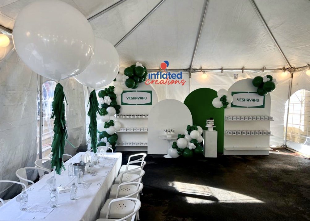 green tassels, white big impact balloon centerpieces tent party decor, birthday party organic balloon garland and topiaries dessert table