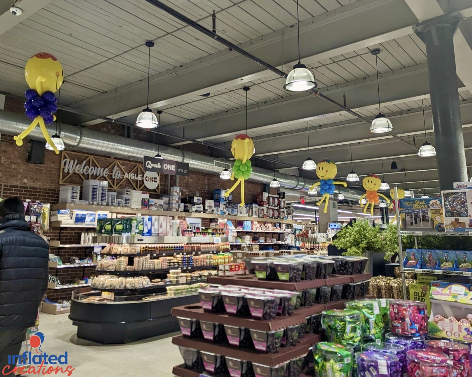 balloon clown characters smiley guys grocery store ceiling aisles decor