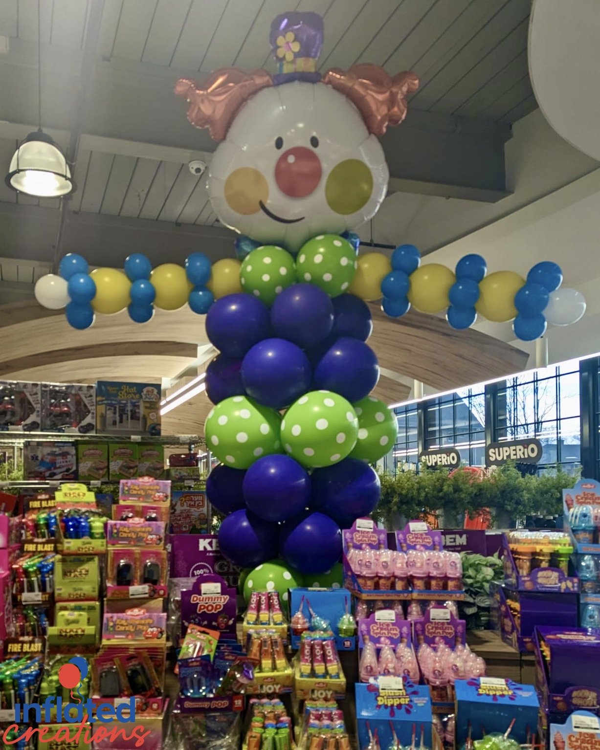 Big balloon clown character grocery store ceiling aisles decor