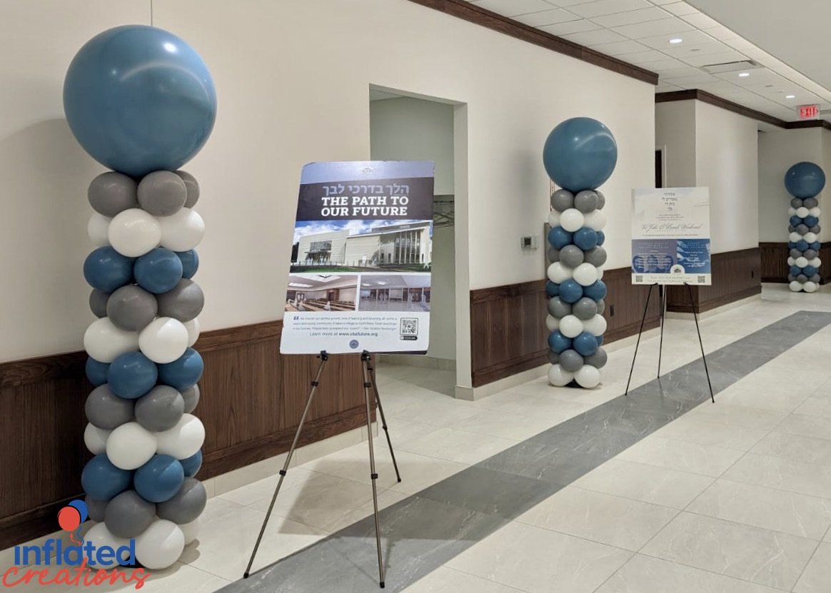 new building ribbon cutting grand opening blue, white, grey big impact top balloon columns hallway decor