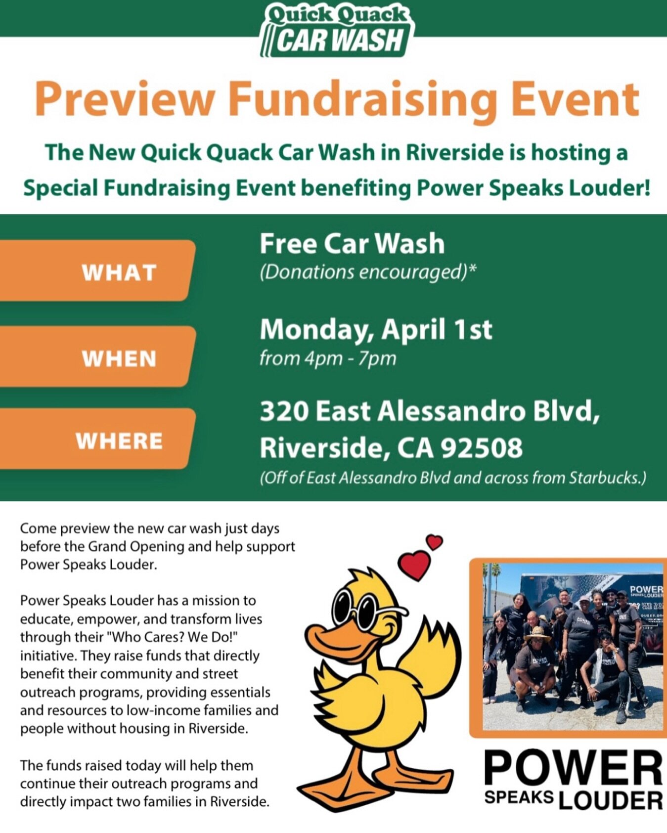 Save the date to receive a FREE CAR WASH at our Quick Quack Car Wash fundraiser in Riverside on Monday, April 1st from 4pm-7pm! Show your support and double your impact as @quickquackcarwash will match every dollar donated to PSL during this time! Th