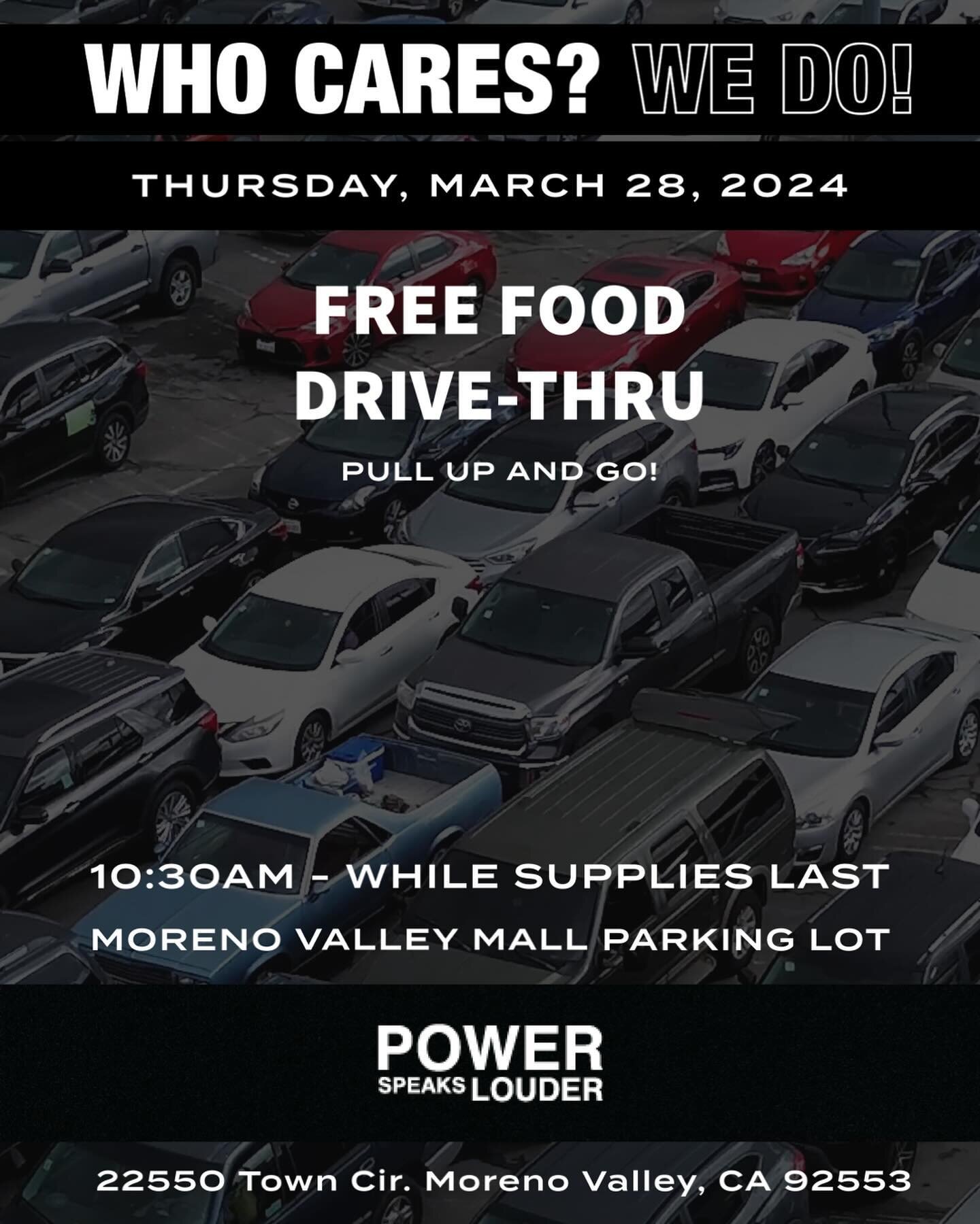 REMINDER! PSL Free Food Drive-Thru is happening this Thursday, March 28th, at 10:30am located at the @movalmall parking lot entrance at Heritage Way and Town Cir. 

Address: 22550 Town Cir, Moreno Valley, CA 92553 

Early arrival suggested as food bo