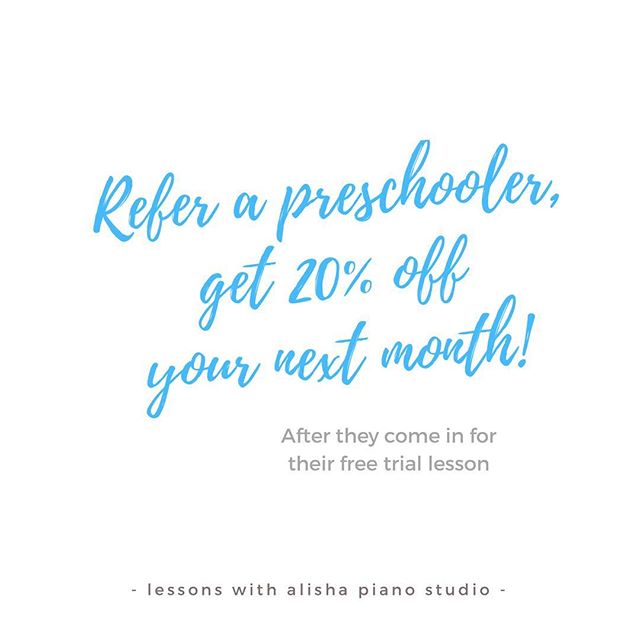 💛 Do you know any preschoolers looking for a piano teacher?
I have times open specifically for the preschool age (before 2:00) and you can help me fill them! 
Get 20% off your next month of lessons when you refer a student and they come in for a fre