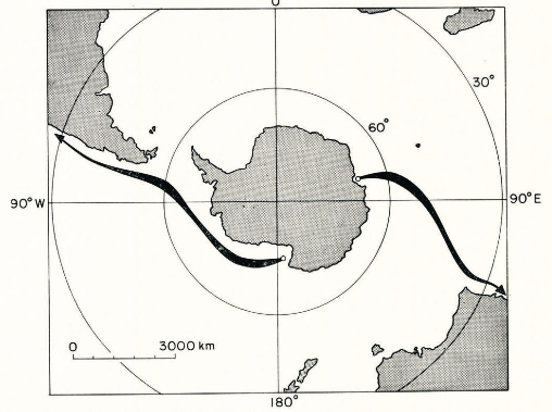 “Optimum towing paths between the Amery Ice Shelf and Australia and the Ross Ice Shelf and the Atacama Desert.” Fig. 8, Weeks and Campbell, 1973, p. 220.