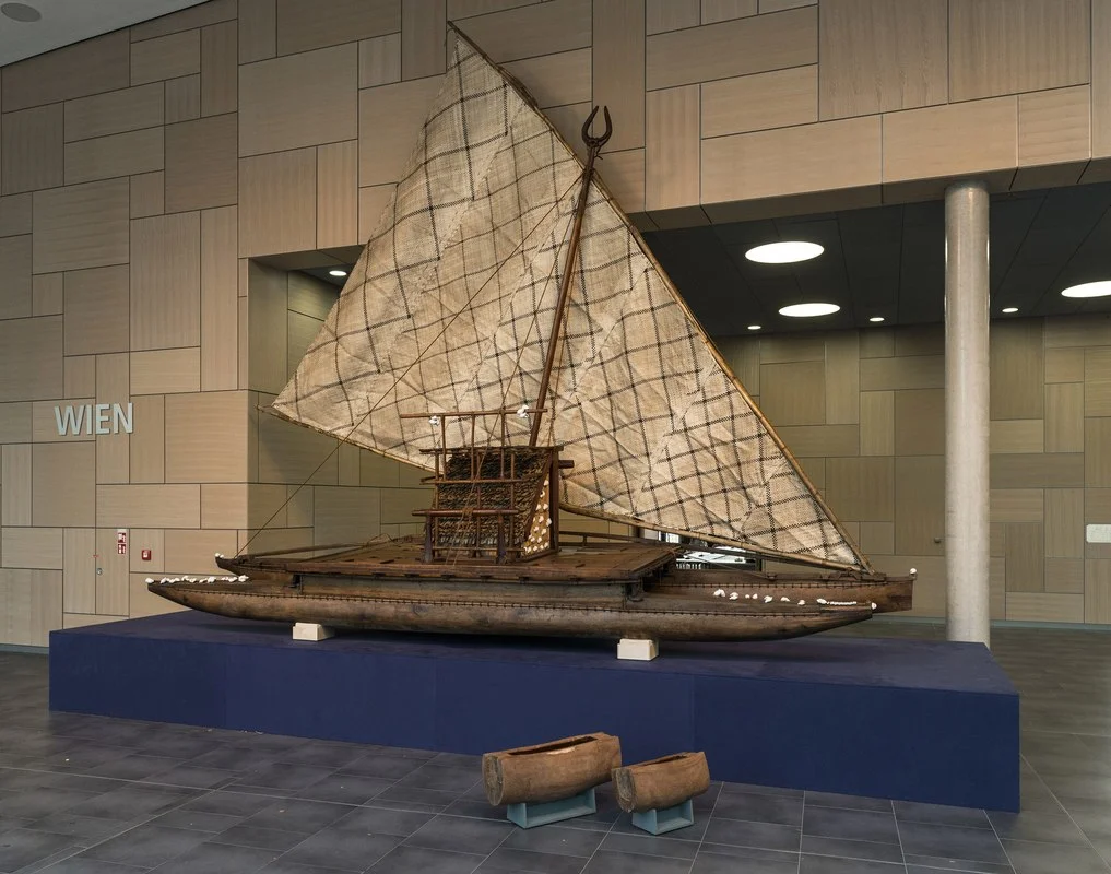 The Adi Yeta on display in the Bula Zone. This drua is an 8-metre long traditional double-hulled, open ocean sailing canoe. Made from tropical hardwood and coconut fibre, the Adi Yeta was built in Suva, Fiji several years ago and was shipped to Bonn from the National Maritime Museum in Greenwich, UK. This drua will be permanently displayed in their new Pacific Encounters gallery in late 2018. Photograph courtesy of UNFCCC COP23 .
