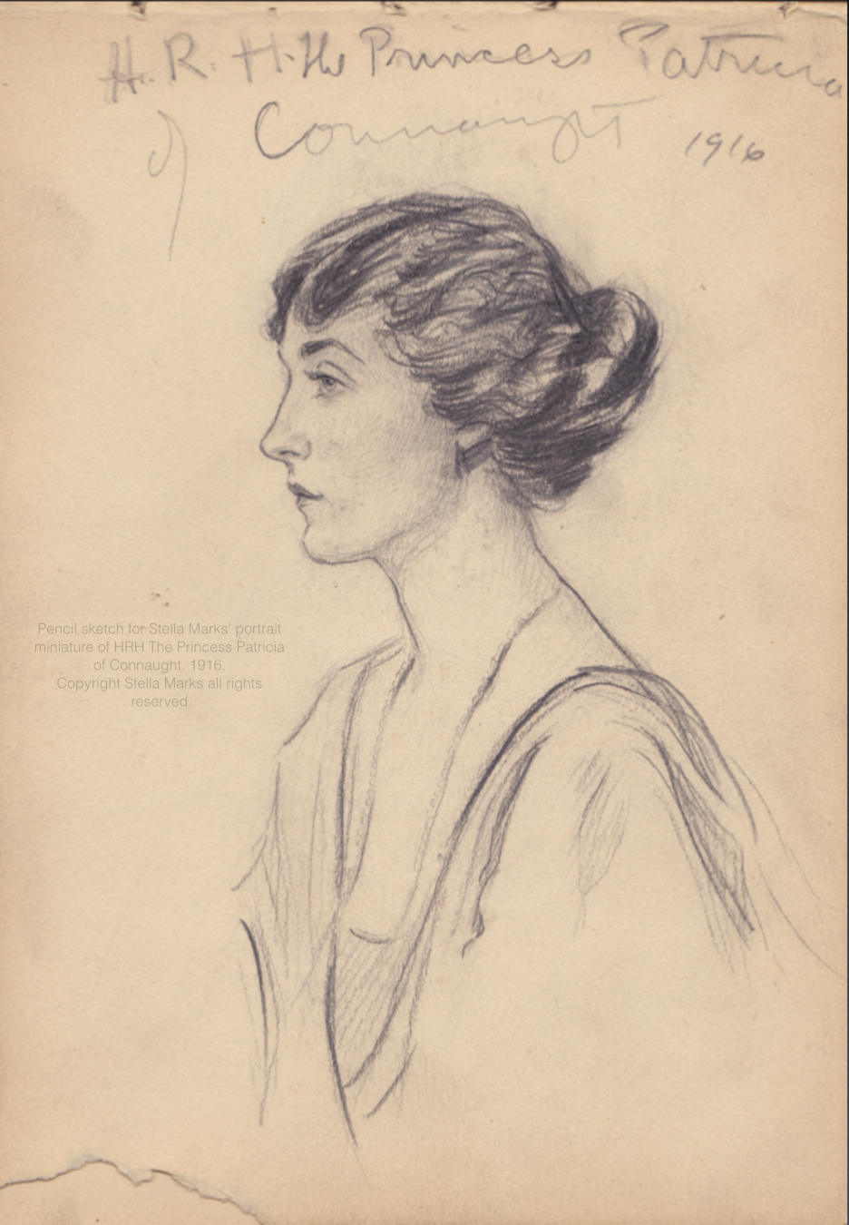 Pencil sketch for Stella Marks’ portrait miniature of H.R.H. The Princess Patricia of Connaught, 1916. Copyright Stella Marks' Estate all rights reserved. Private collection.