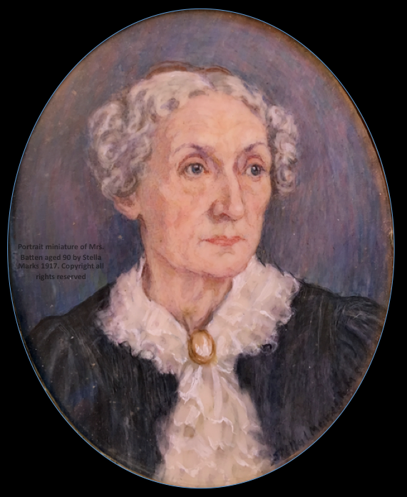 Portrait miniature of Mrs. Batten aged 90 by Stella Marks 1917. Copyright Stella Marks' Estate all rights reserved. Private Collection.