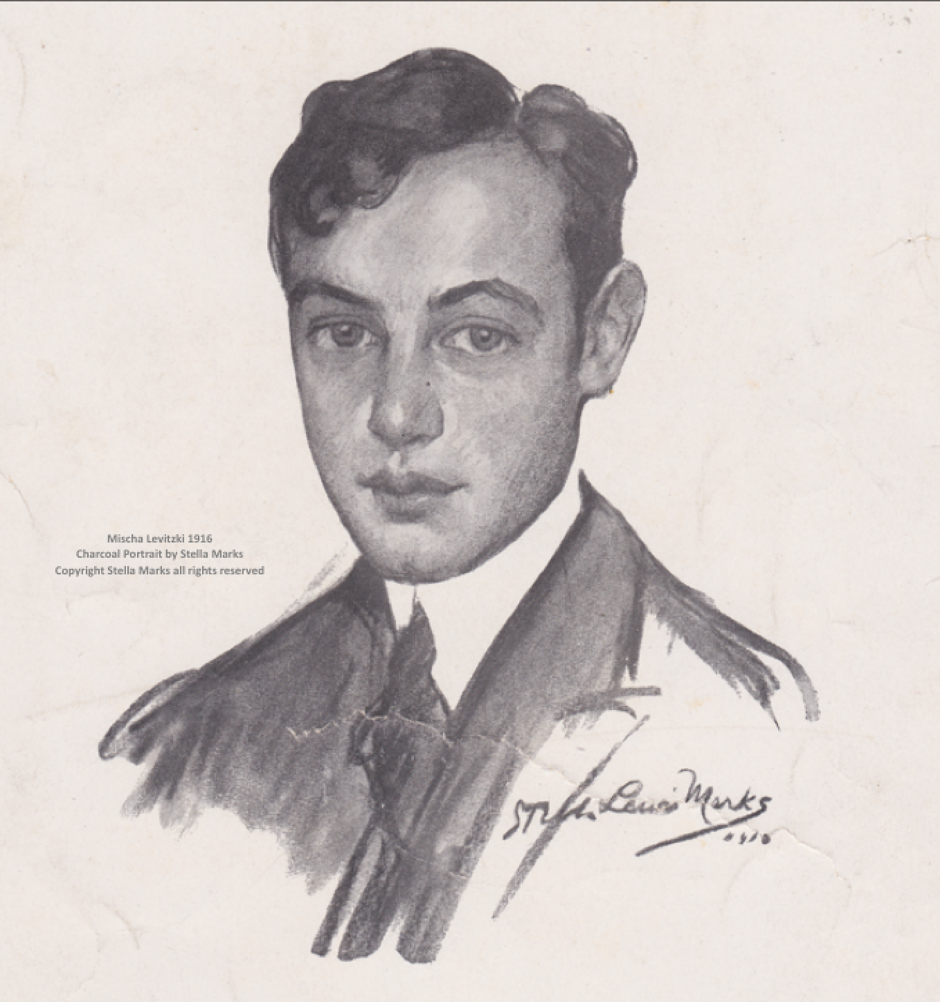 Mischa Levitzki aged 17. CharcOAl portrait by stella marks. copyright stella marks' Estate all rights reserved