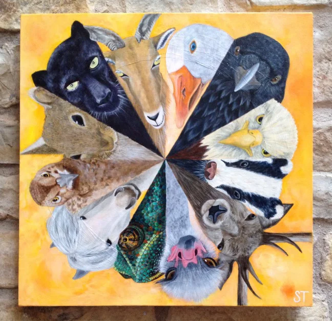 Spirit Animal Guides together in a circle - "Circle of Friends", © Sharyn Turner - Acrylic, 2016