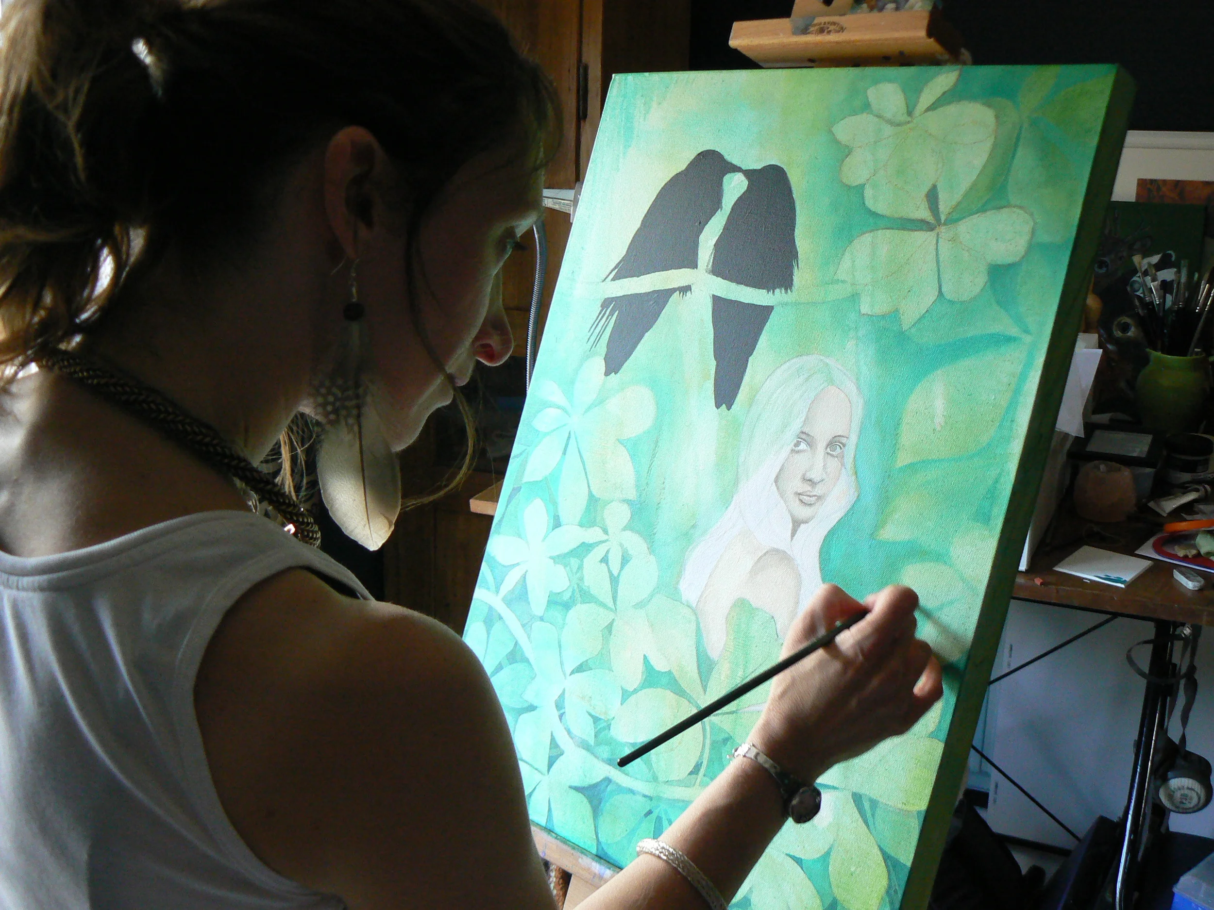 Sharyn connecting with the spirit of the Horse Chestnut Tree as she paints in her studio in Glastonbury