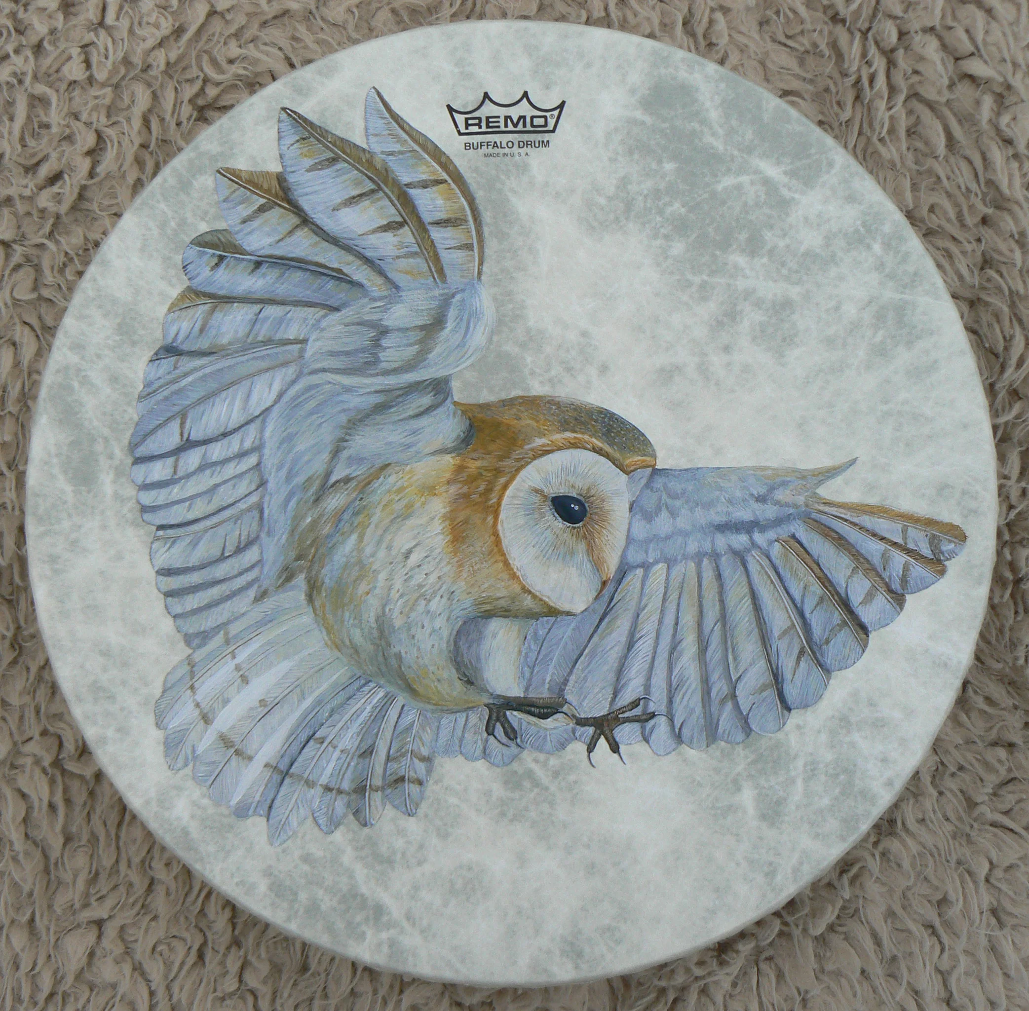 Barn Owl Shamanic Drum - 2017 © Sharyn Turner - Acrylic on Remo Fibreskyn