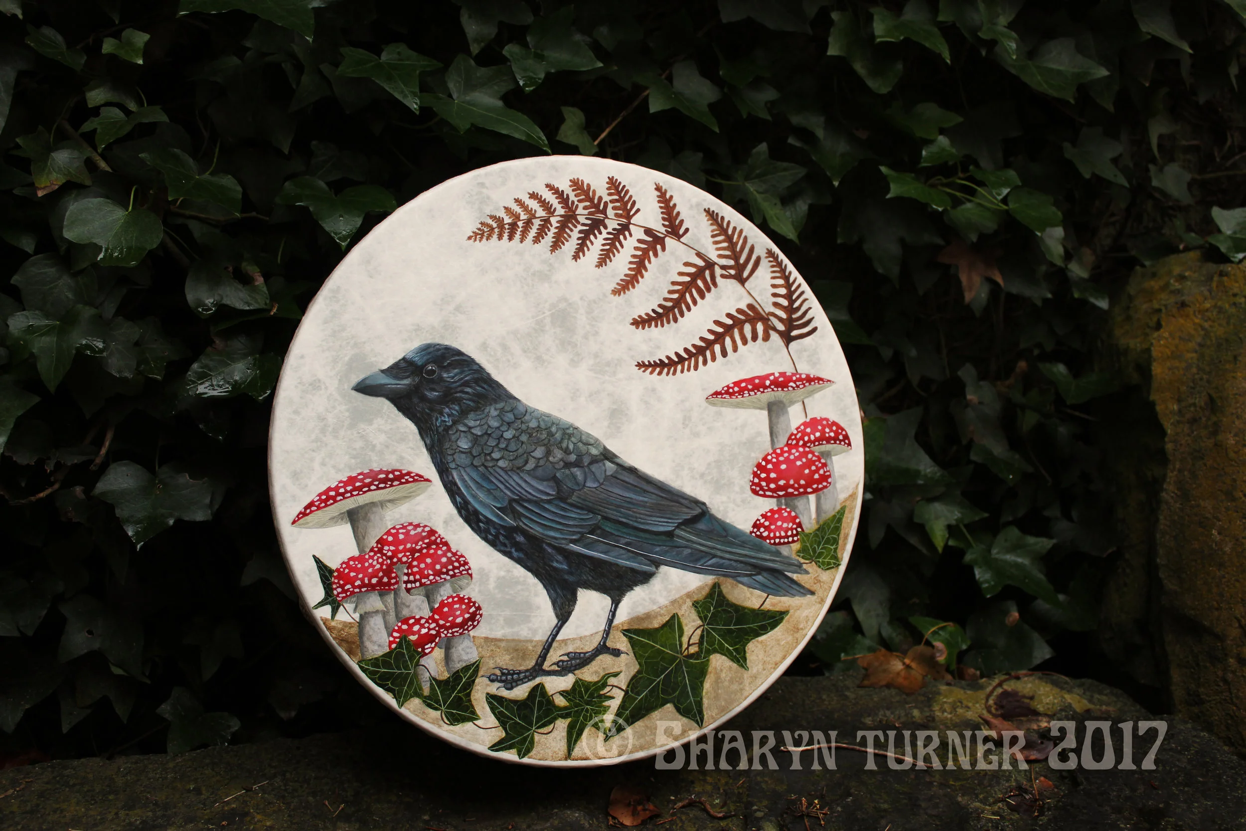 Crow & Fly Agaric Drum - Acrylic on fibreskyn © Sharyn Turner 2017