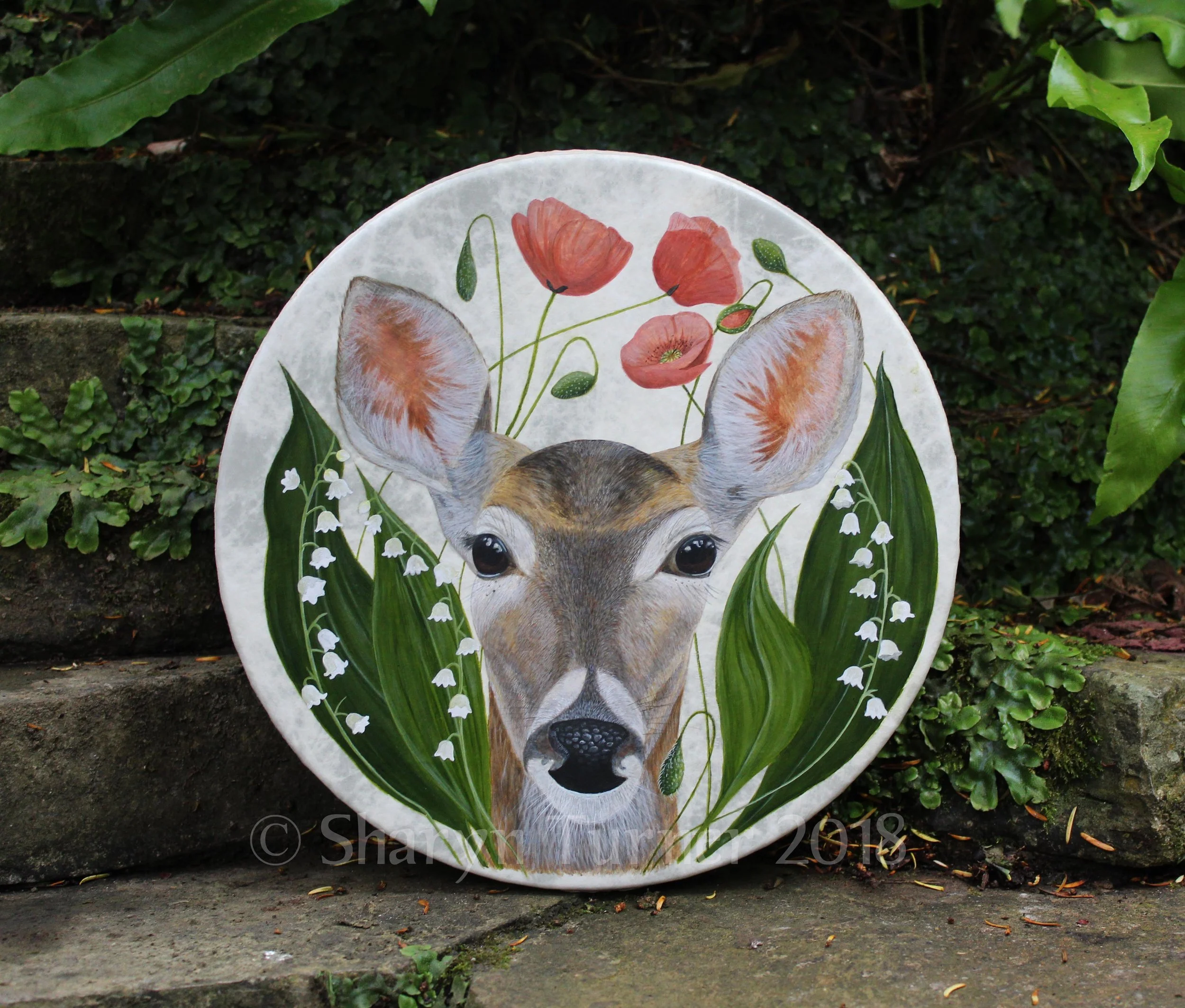 Whitetail Doe Drum - Acrylic on Fibreskyn © Sharyn Turner 2018