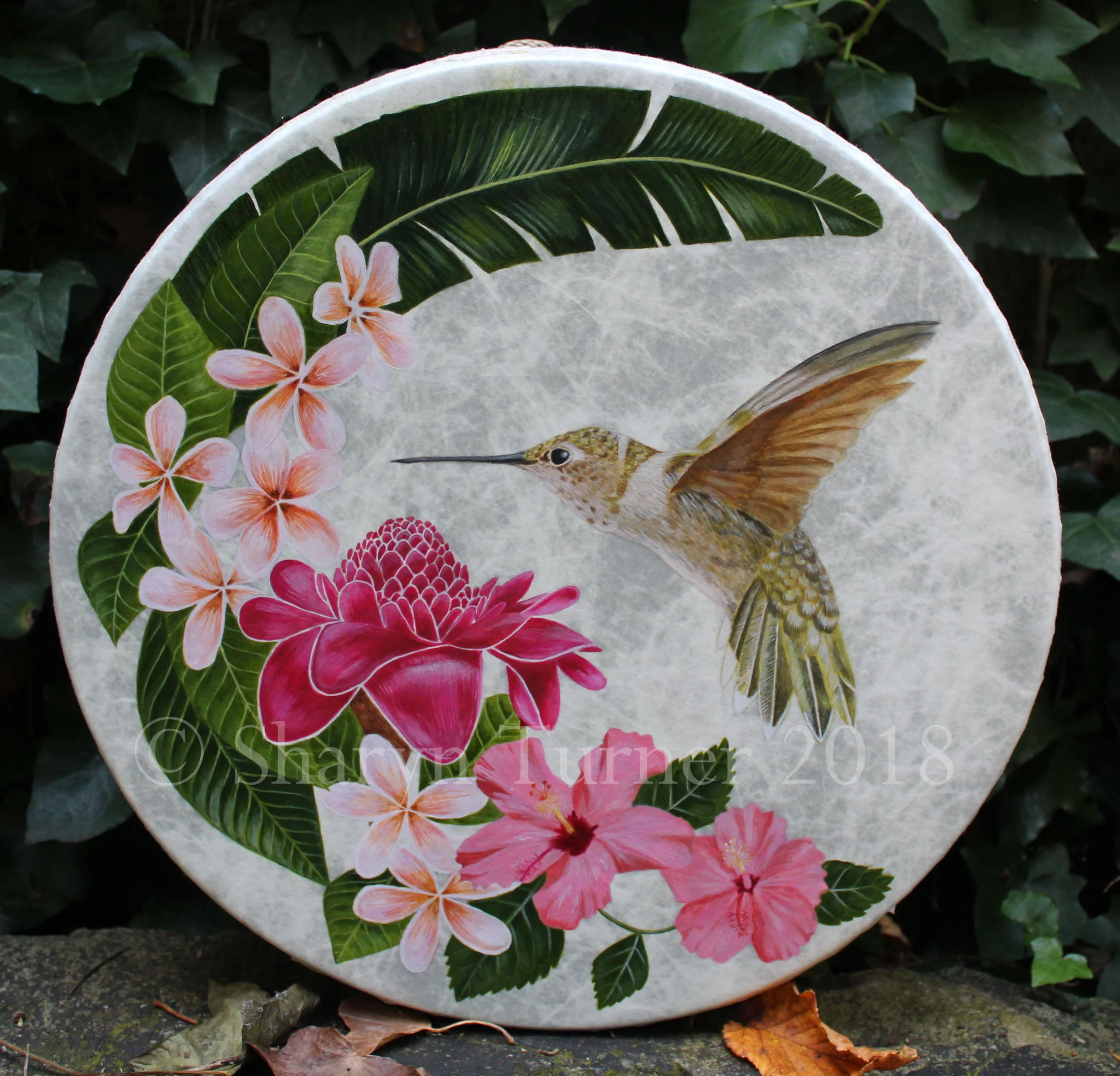 Hummingbird & Tropical Flowers Drum - Acrylic on Fibreskyn © Sharyn Turner 2018