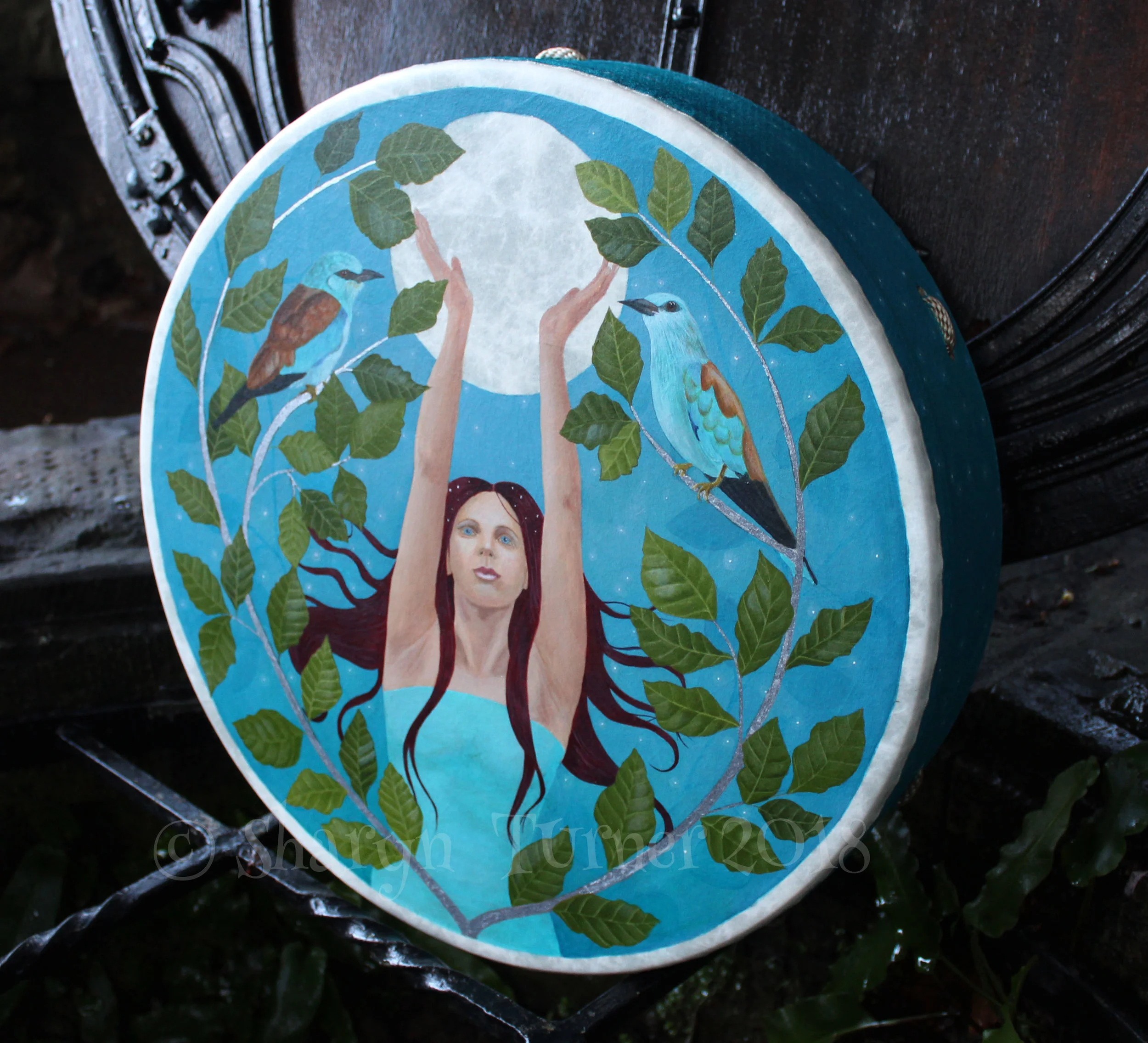 Full Moon Goddess Drum - Acrylic and Silver Leaf on Fibreskyn © Sharyn Turner 2018