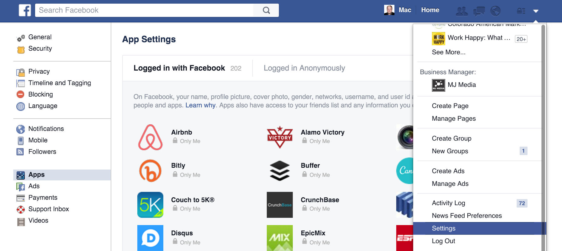 Click the down arrow in the upper right-hand corner of the page, scroll down and click "Settings". On the next page, click "Apps" on the left-hand side of the page, and scroll through your apps to identify which serve a purpose. Click on each to review and modify which permissions have been granted.