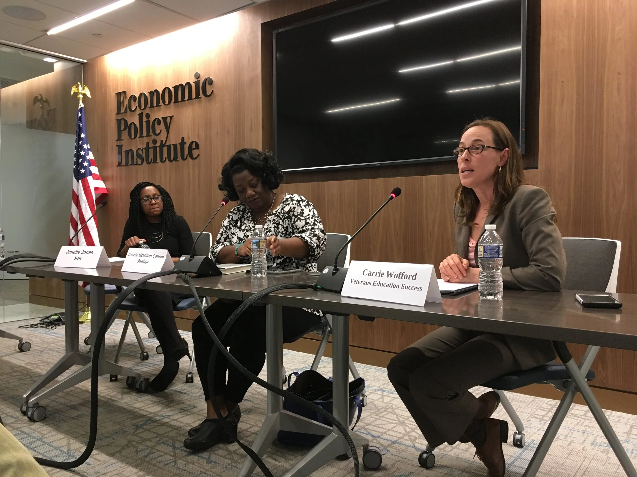 VeS President carrie wofford discusses labor market changes and risk shifts affecting enrollment in for-profit colleges at the economic policy institute with Lower-ed author tressie mcmillan Cottom, march 2017