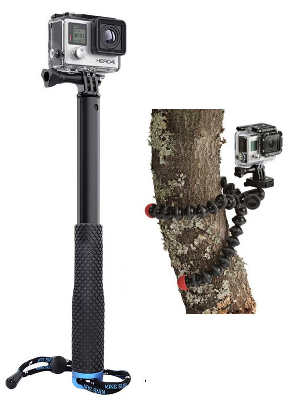 Left: Telescopic selfie stick type pole. Right: Gorilla grip type flexible arm tripod.