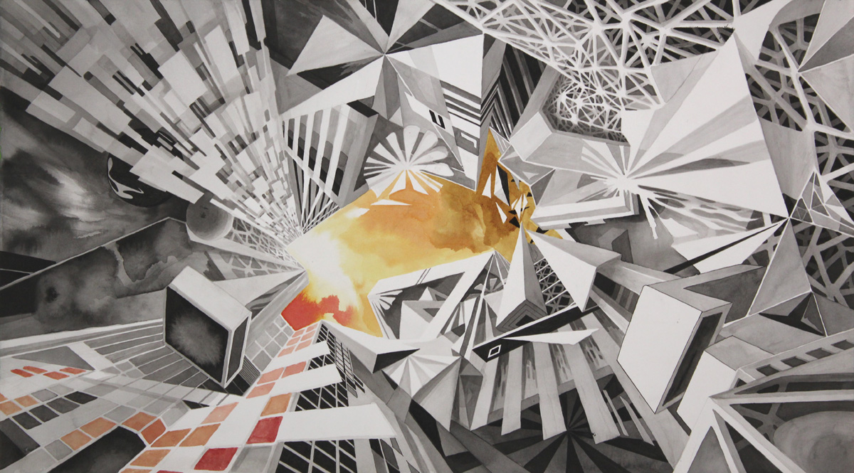 Deflection, 2013, Sumi ink and watercolor on paper, 12 x 21"