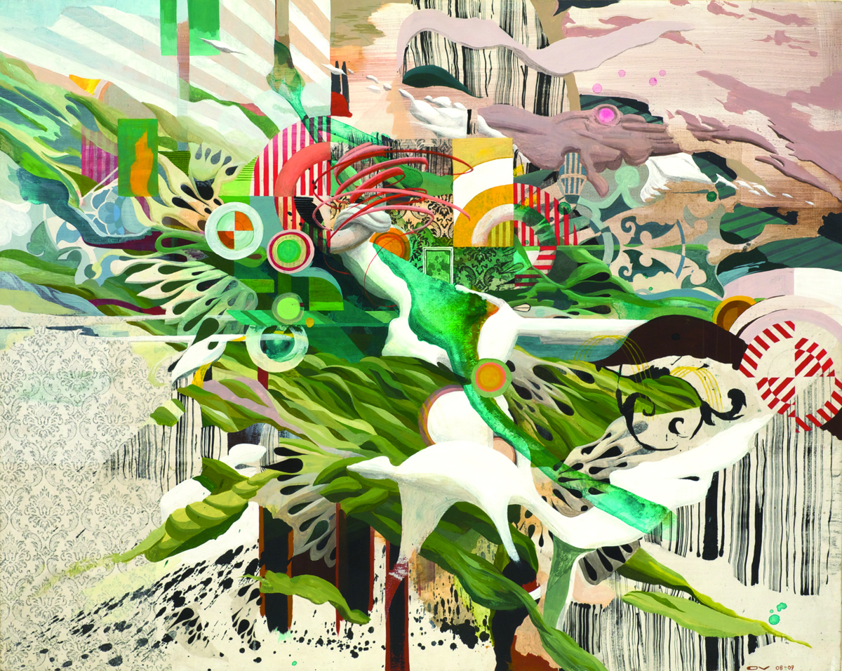 Slope, 2008, acrylic and collage on panel, 30 x 40"