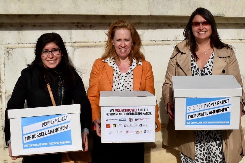  Americans United's Legislative Assistant Samantha Sokol, Assistant Legislative Director Dena Sher, and Legislative Director Maggie Garrett deliver #RejectRussell petitions to Congress. 