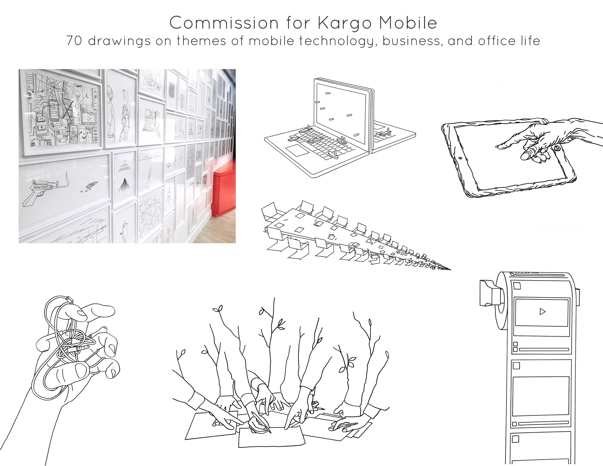 Commission for Kargo Mobile - 70 drawings on themes of mobile technology, business, and office life.