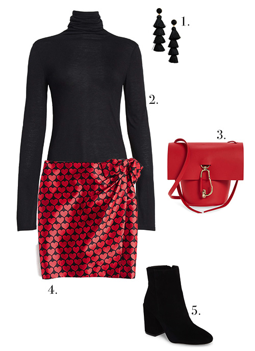 1. Earrings // 2. Turtleneck // 3. Bag // 4. Skirt // 5. Bootie