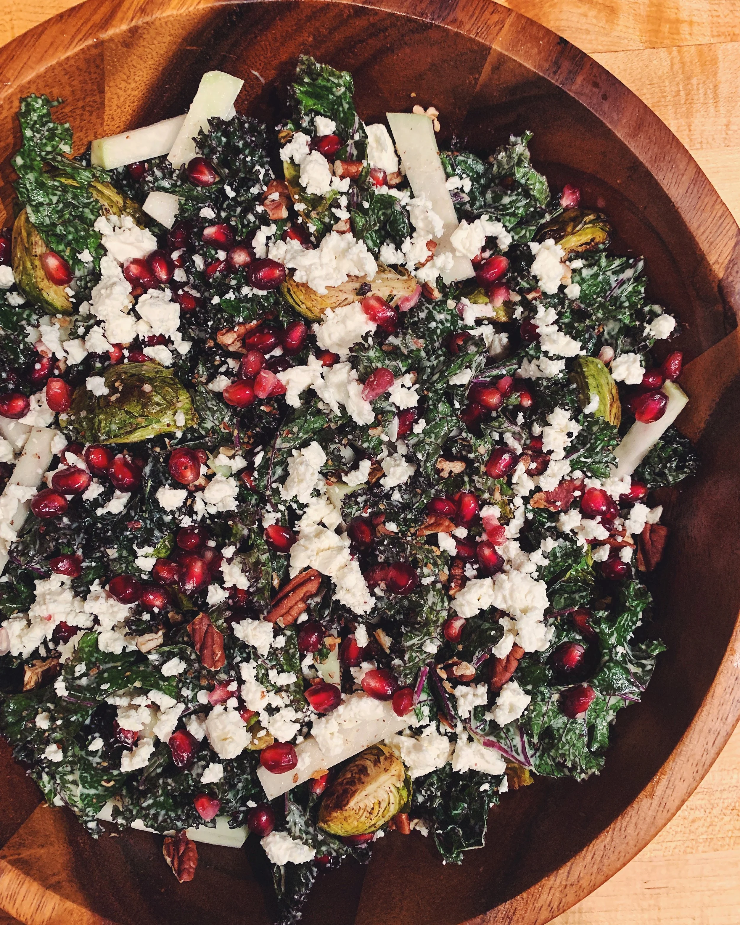 Kale &amp; Brussels Sprouts Salad with Kohlrabi, Pomegranate &amp; Lemon Tahini Dressing