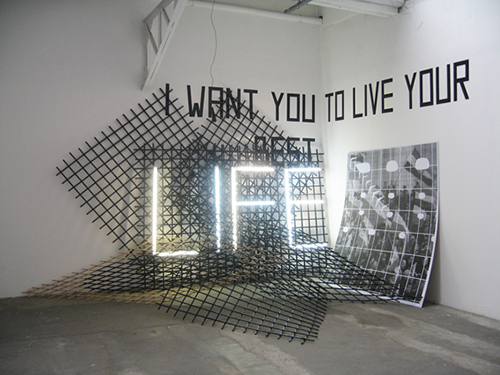 I want you to live your best life-grids, neon tubes,  scotch tape, print glued on mdf slab.jpg