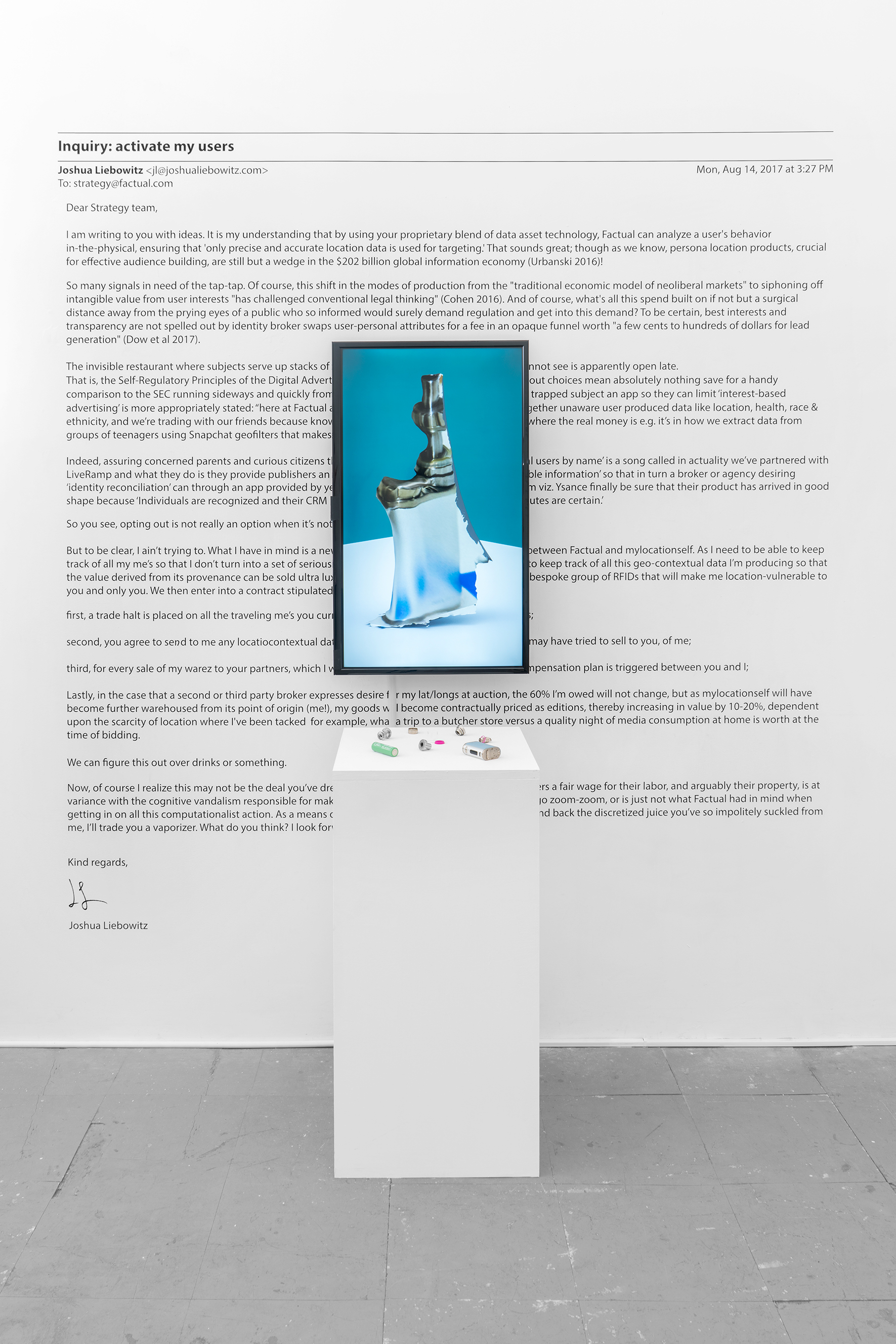   Being Consignment: A Strategy  2017 screen, vaporizer parts, text 17 x 29 x 3 inches, parts and text variable 