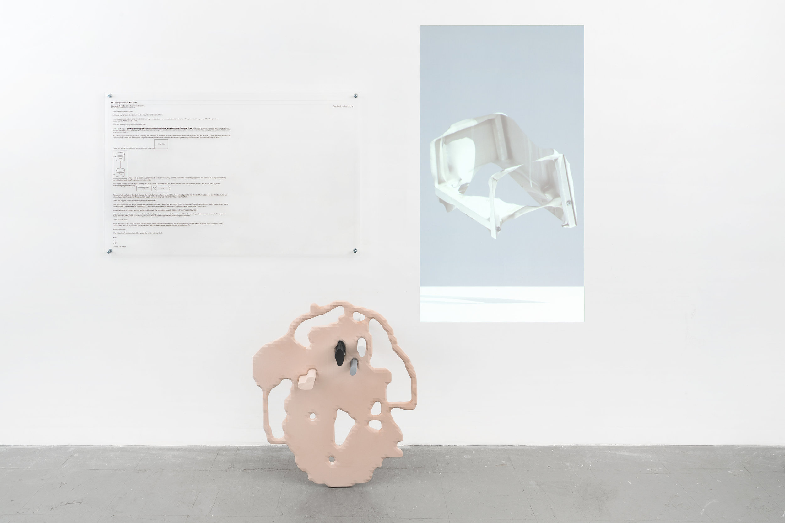 Transfer of Self Over a Network Connection 2017 CNC-routed HDU foam, projection, digital print on acrylic 74 x 76 x 16.25 inches