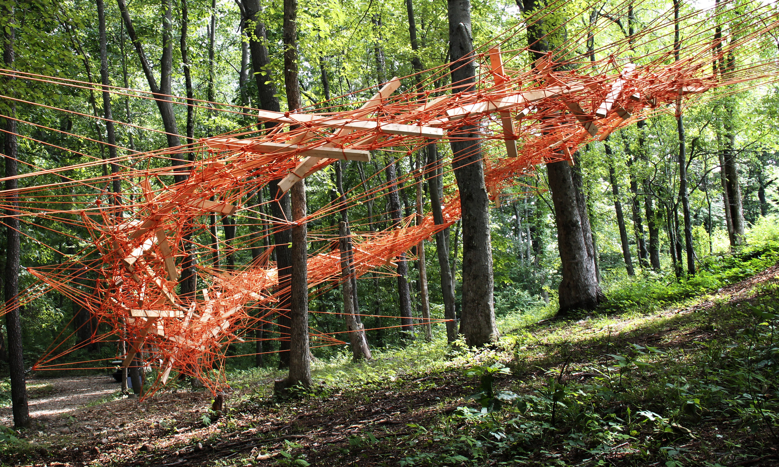   Oval Frontiers , 2016 rope and wood 18×9×4,5m  The Fields Sculpture Park, OMI International Arts Center, NY, USA (cur.: Nicole Hayes) 