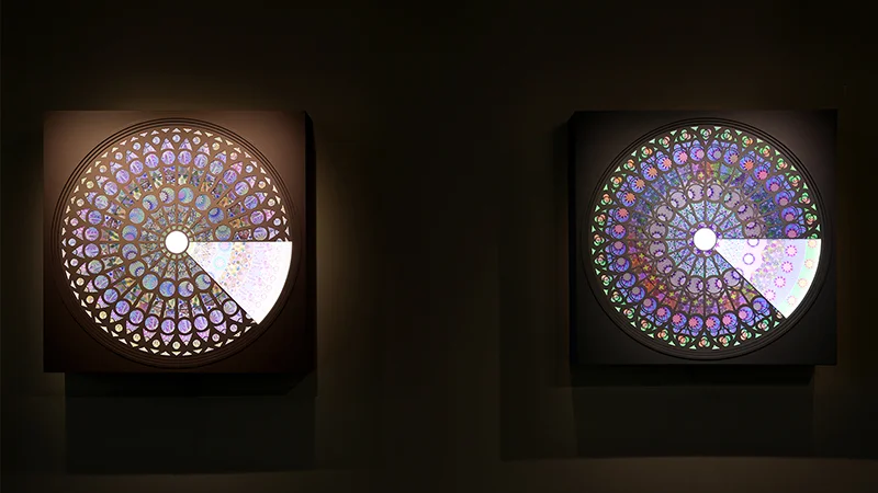 Code reader , Digital printed lenticular animation, LEDs, wood frame, stepper motor and gear, 31x31x8, 2017 