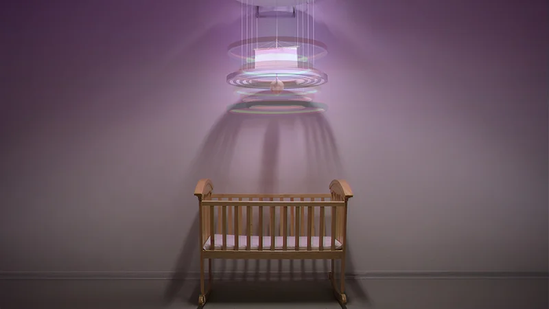 Dear my child , LEDs, A rocking wood boat and crib, Stepper motors and gears, variable dimensions, 2016