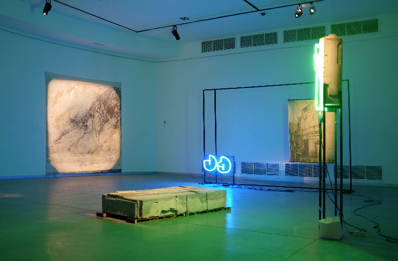   Here, &nbsp;2017, installation view at The Georgian National Museum,&nbsp;Mestia.  pigmented plaster,&nbsp;painted steel,&nbsp;jacquard vowed tapestry,&nbsp;neon,&nbsp;acrylic on canvas,&nbsp;plywood,&nbsp;resin,&nbsp;silicon. 