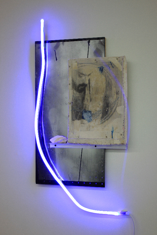 .IMG_1041.RAW (The Color Of The Sky), 2018, charcoal drawing, ink and acrylic paint on pigmented enforced hydrocal, mirrored acetate, masonite, aluminum, pigmented plaster, LED neon, 32 x 16 x 2 inch.