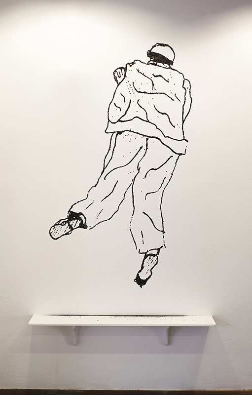 The Earth and the Stars (I), 2015, charcoal wall drawing with pine and MDF shelf, 67 x 47 1/4 x 7 7/8 in.