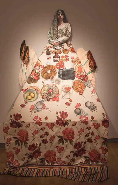 "Arranged Marriage Luncheon" 2017, Oil on wood, digital photo, pegboard, 6ft x 4ft